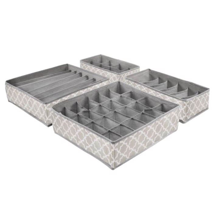 Set 4 Organizatoare pentru Lenjerie, 24 Compartimente, 33x33x10cm, Grej