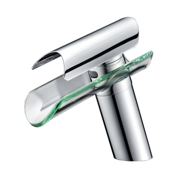 Robinet de baie cu design cascada, cu un singur maner, inaltime 17.8cm, din cupru si sticla, multicolor