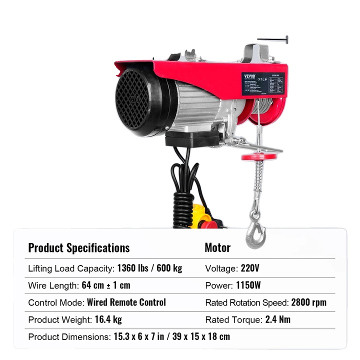 Winch electric, capacitate de ridicare 600 kg, control prin cablu, oprire de urgenta, dimensiuni 39x15x46cm