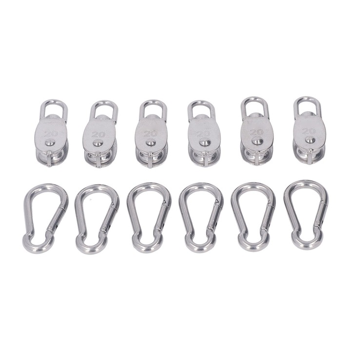 Set 6 blocuri de scripete din otel inoxidabil, Enforose, capacitate 75 kg, roti pivotante, cu carlige M7