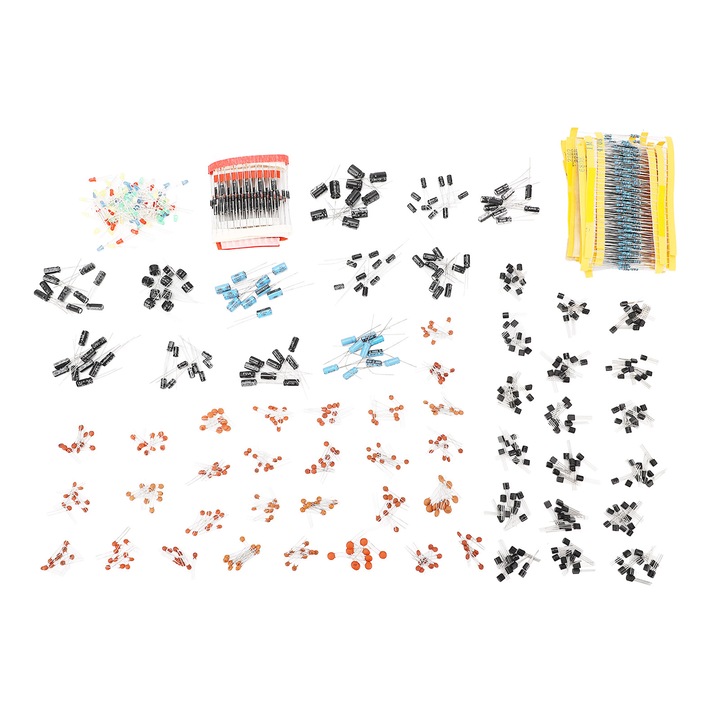 Set 1400 bucati Componente electronice, Rezistor cu pelicula metalica, Condensator ceramic, Tranzistor, Dioda LED, Cutie de depozitare