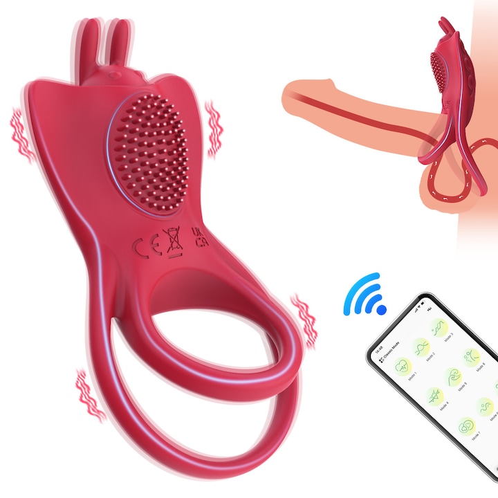 Inel vibratii, Inel penis vibrator, FairyKiss® jucarii sexuale cuplu, cu 9 Moduri de Vibratie, Timp de ejaculare intarziat, Stimulator Clitoridian si Punctul G, Silicon, Diametru reglabil, Rezistent la Apa, Control prin Aplicatie, Ring cock, Rosu