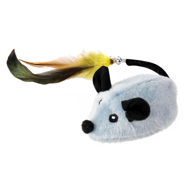 Jucarie interactiva pentru pisici, soricel cu clopotel si pene, miscare automata, gri, 12x5x4cm