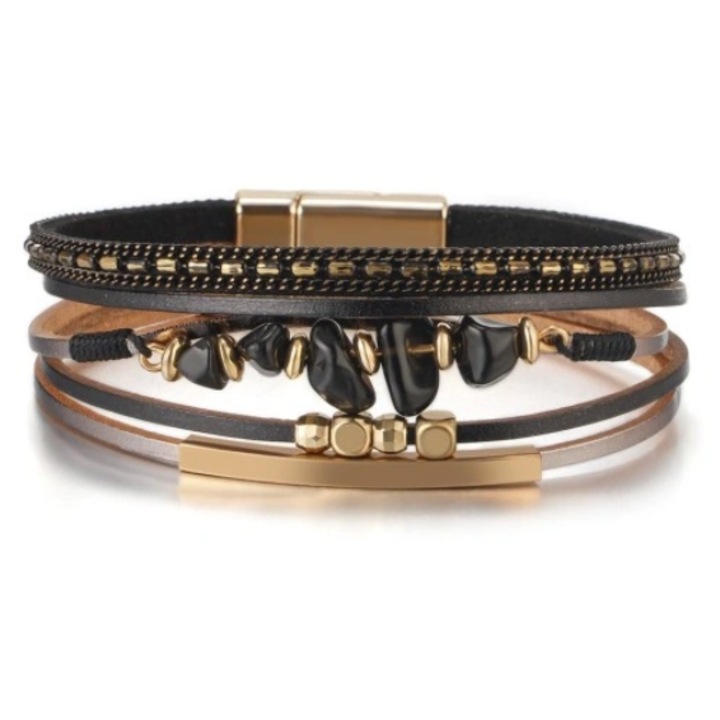 Bratara dama Garbari, Agat negru, 1,5cm latime, 19,5cm lungime, piele ecologica