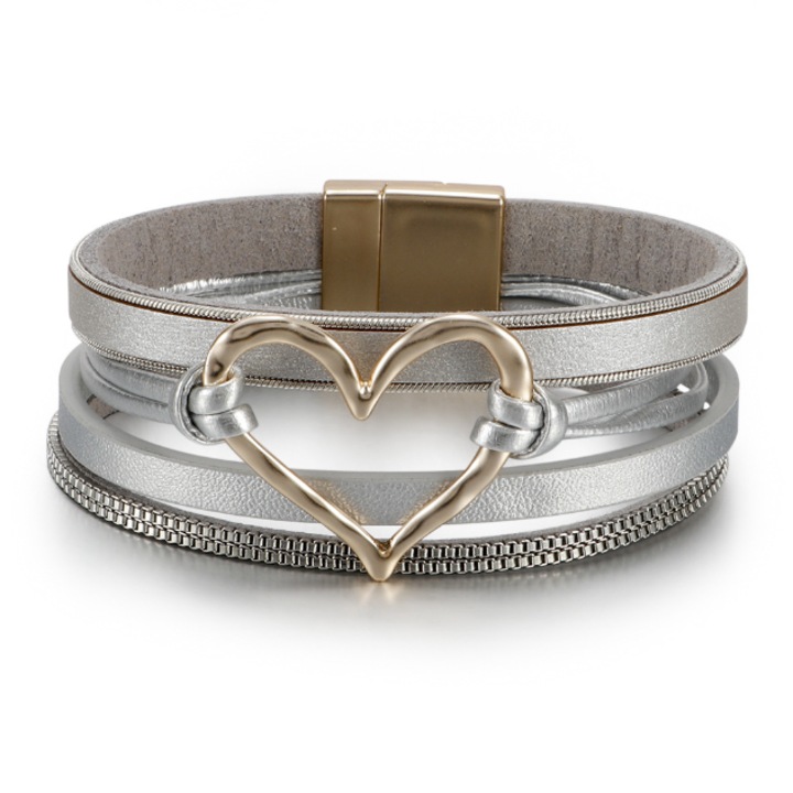 Bratara din piele naturala, Garbari, stil boho, gri, 19,5cm