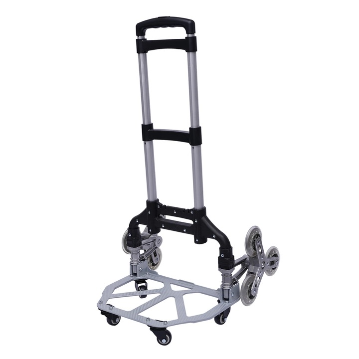 Carucior Manual Robust cu Roti pentru Scara, Pliabil, Portabil, din Aluminiu, pentru Mutari, 6 Roti, 4 Roti Universale, Culoare Negru