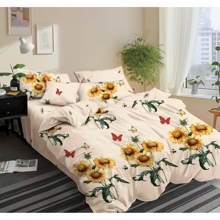 Set Lenjerie de pat CHIRASO, din FINET, pentru 2 persoane, 6 piese, Cearceaf de pat 245 x 250 cm, Cearceaf pilota 200 x 230 cm, 2 fete perna 70 x 70 cm, 2 fete perna 55 x 80 cm, cu imprimeu Floarea Soarelui, crem-galben