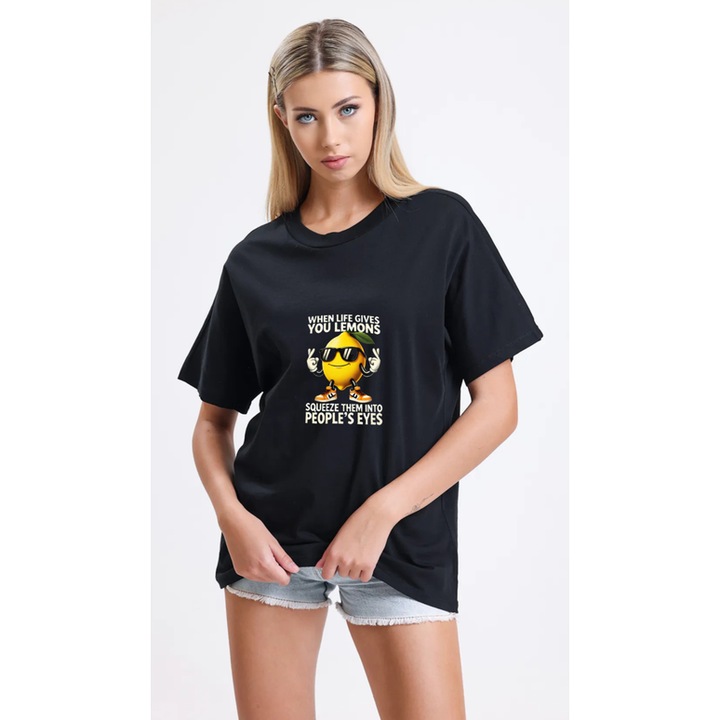 Дамска тениска Vexor по поръчка, памук, черна, дизайн със забавно послание, Когато животът ти дава лимони S