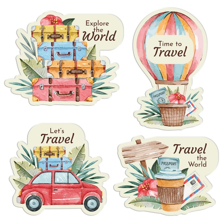Стикери за куфари, Водоустойчиви стикери за пътуване, Комплект от 4 големи стикера, Матово PVC самозалепващо фолио, Идеален за персонализиране на багаж, Многоцветен