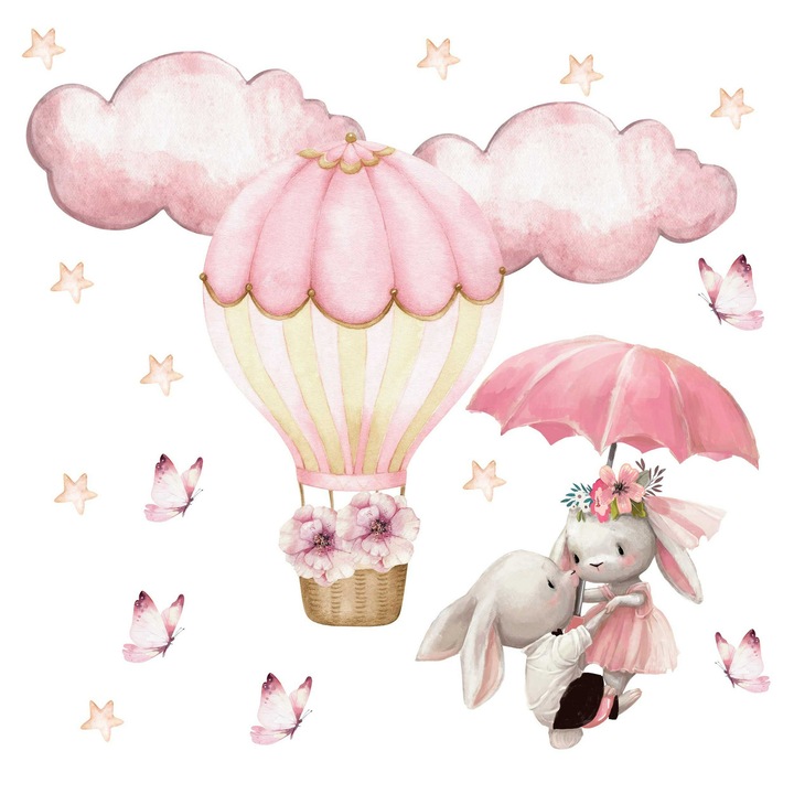 Autocolante de perete, Iepuras cu flori, 50x100 cm, Set 1, Folie pvc autocolanta, Pentru decorarea camerei copiilor, Multicolor
