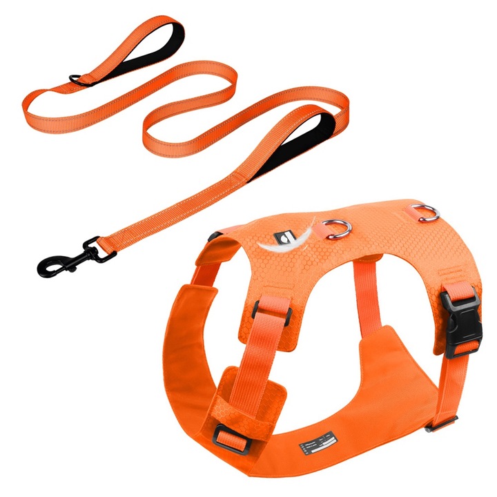 Set Ham si Lesa pentru Caini MUGIM, Tip Aer Fara Presiune, Ham Usor 110g si Lesa cu maner moale, Respirabil, Portocaliu, Max 15kgs, M