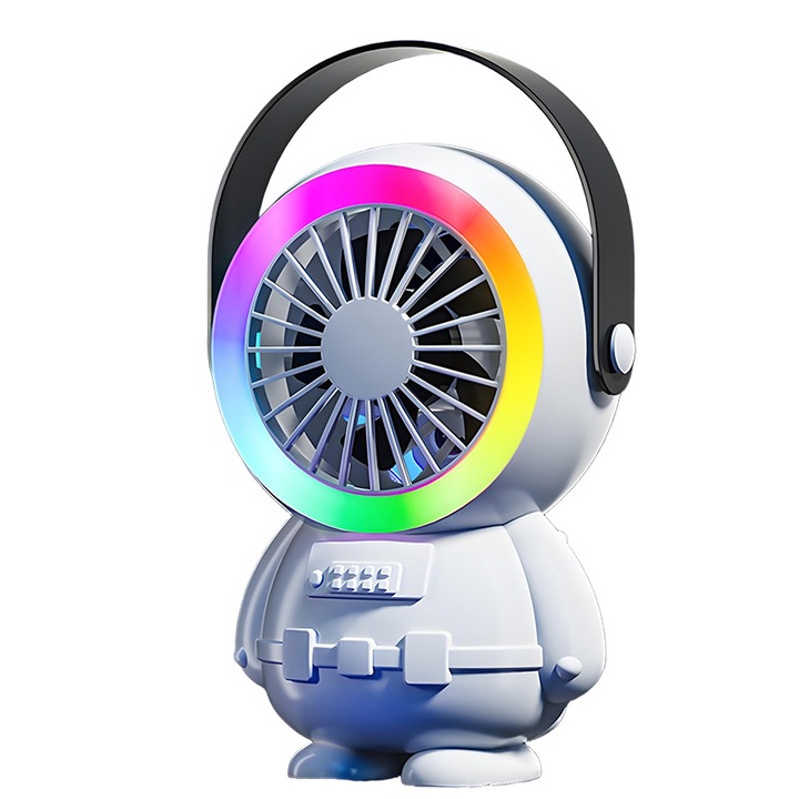 Ventilator colorat, reincarcabil prin USB, astronaut, portabil, 3 viteze, alb