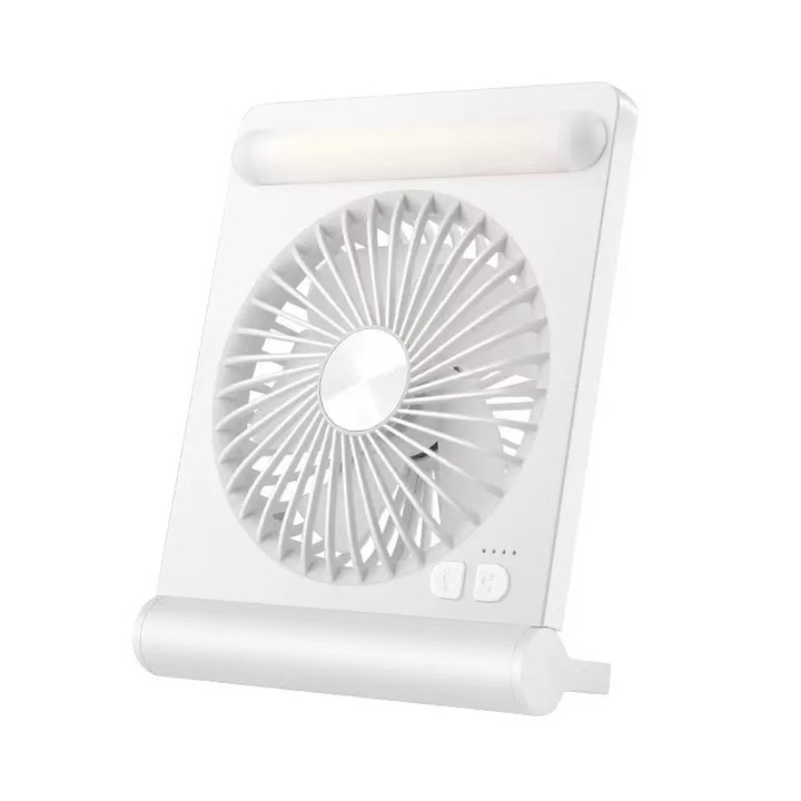 Hordozható asztali ventilátor, 3 sebességfokozat, USB-C töltés, 3000 mAh akkumulátor, szénkefe nélküli motor, ultra csendes, világítással, fehér