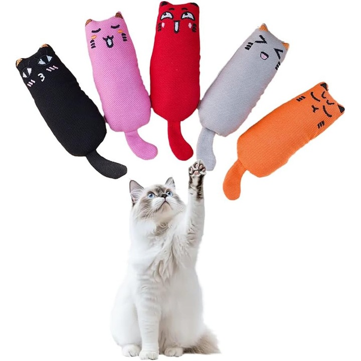 Комплект от 5 играчки за котки във формата на щастливи котенца Meow, съдържа котешка трева, памучен материал, многоцветни