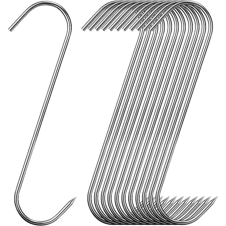 Set 15 carlige din otel inoxidabil pentru afumatoare sau macelarie in forma, tip S, ingrosat, Argintiu, 15cm