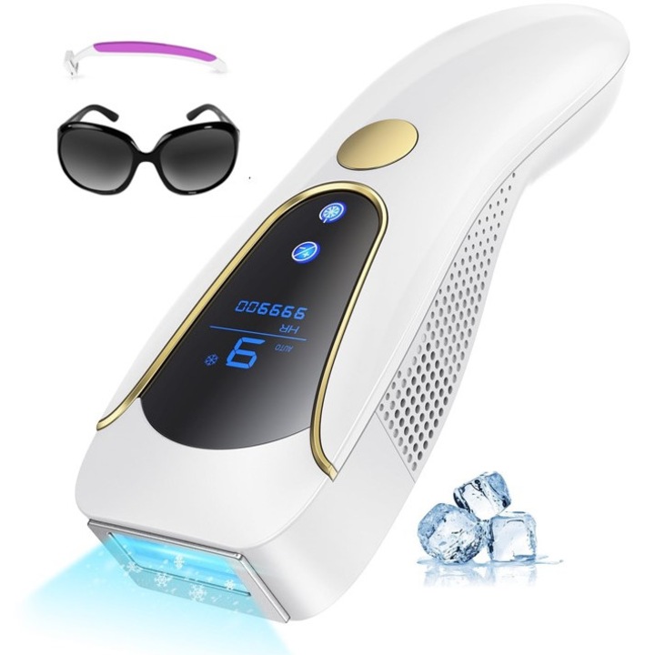 Епилатор IPL SINZO®, 9 нива на интензитет с функция за охлаждане, трайна епилация без болка, 999 999 импулса, IPL технология, за мъже и жени, лице, тяло, подмишници и бикини линия, сензор за кожа, бял