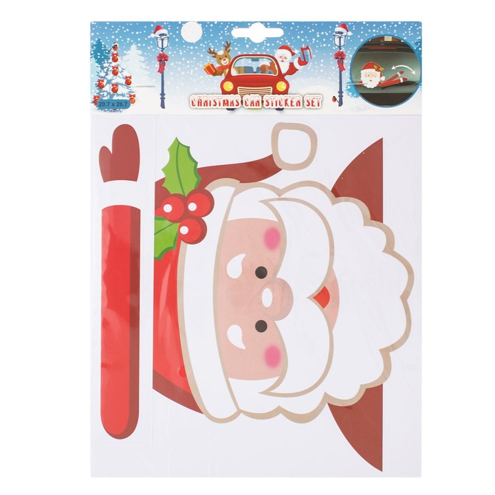 Autocolant Auto Decorativ de Craciun Shopiens® cu Mos Craciun ce Saluta, 20.7 x 26.7 cm