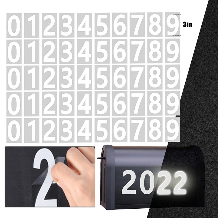 Numere autocolante reflectorizante ZYBLSSBB LSM2xh6199-BCS0261821, vinil autoadeziv rezistent, alb, 5 seturi (50 buc.), 3 inchi