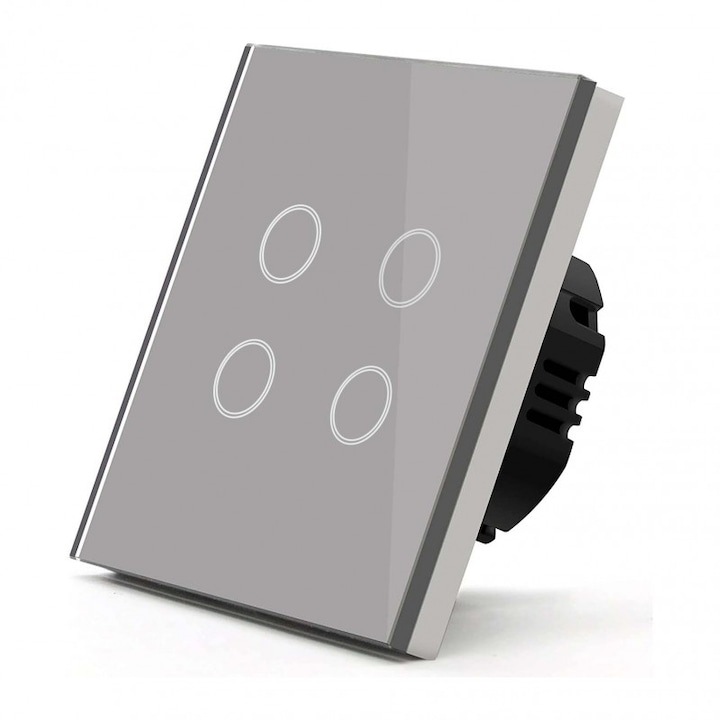 Intelligens kapcsoló, Tuya Smart Life, Home Light Switch, APP hangvezérlés, wi-fi 2, 4GHz+bluetooth, N+L, 4 gomb, kompatibilis az Alexával és a Google asszisztenssel, edzett üveg, szürke