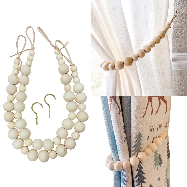 Suport pentru draperii ZYBLSSBB LSM2xh3823-BCS0230457, margele rotunde din lemn nefinisat, natural, set 2 buc. cu 2 carlige