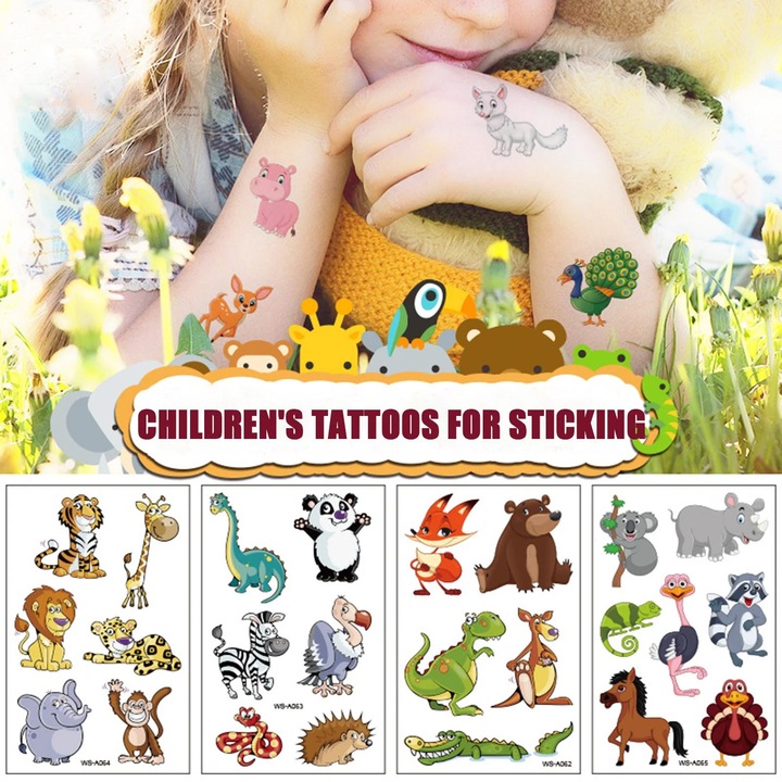 Set tatuaje temporare copii, piele prietenoasa, 10 foi, 12x7.6cm, multicolor