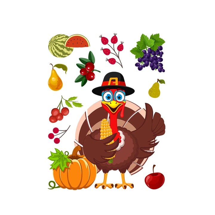 Sticker de fereastra ZYBLSSBB LSM2xh5071-BCS0006839-2, decor de Ziua Recunostintei toamna, static fara adeziv, frunze de artar si curcan, multicolor, 40 x 30 cm