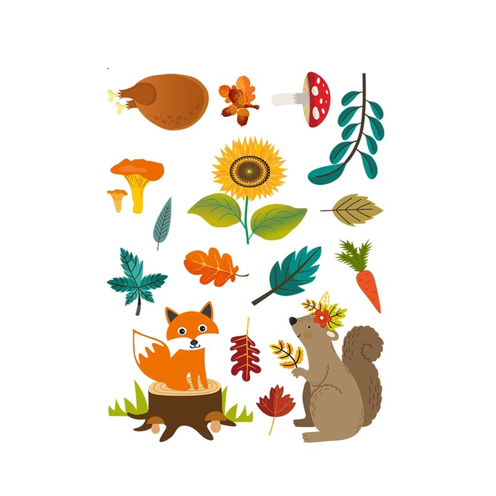 Autocolante pentru geam ZYBLSSBB LSM2xh4447-BCS0240378-3, tematica toamna/Thanksgiving cu animale, frunze si ciuperci, fixare statica fara adeziv, multicolor, 40 x 30 cm