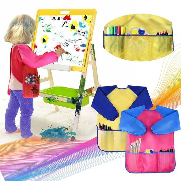 ZYBLSSBB, sort de pictura pentru copii din poliester impermeabil cu maneci lungi si 3 buzunare, set 2 bucati, galben/rosu, 2–6 ani