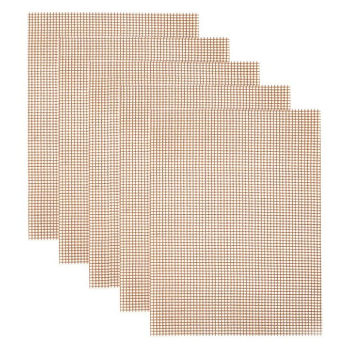 BBQ grillsütő hálós alátét készlet, PTFE teflon grillfólia, hálós, tapadásmentes, újrafelhasználható, 40 x 33 cm, réz, 5 darabos