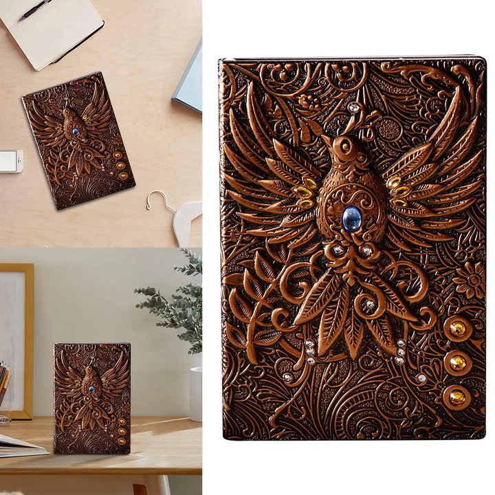 Jurnal vintage A5, coperta bronz embosata, 100 file, piele ecologica maro, 15x23x3cm