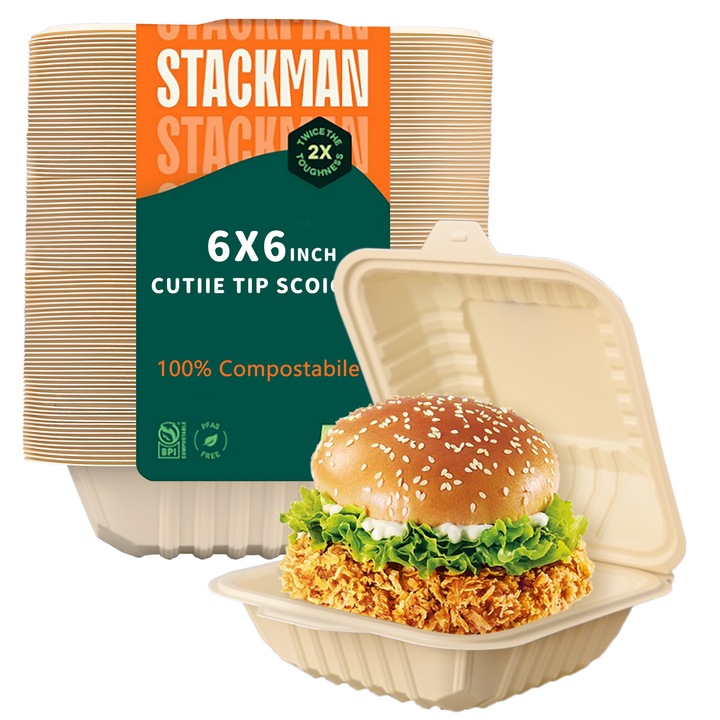 Set 50 cutii caserole biodegradabile, unica folosinta, tip scoica，6x6 inch，potrivite pentru hamburgeri
