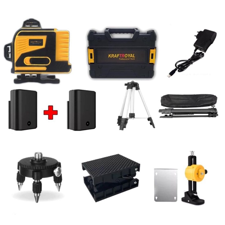 Nivel cu laser Kraft Royal, Autonivelant, 4D, Galben, 5VDC, 6Ah