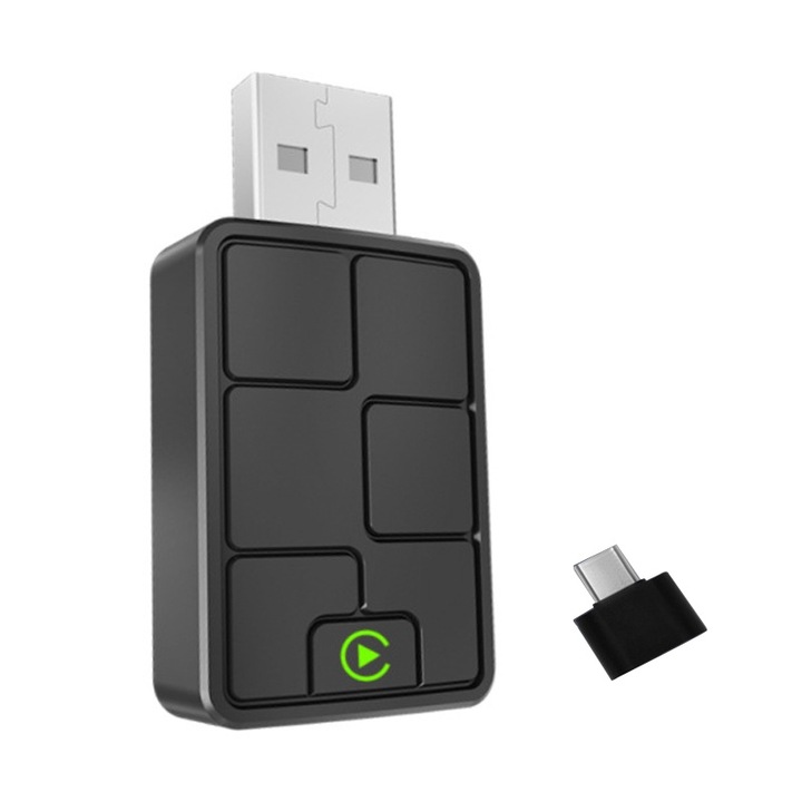 Adaptor wireless Carplay si Android Auto, Fudisenn®, cu fir la wireless, compatibil cu iOS si Android, subtire, conexiune automata, adaptor gratuit de tip C, negru