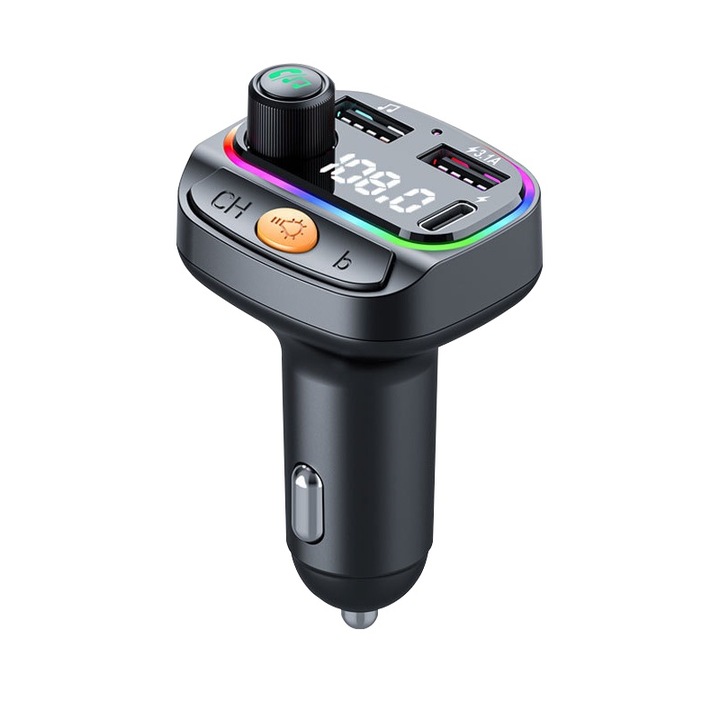 Modulator FM Bluetooth 5.3，Player Bluetooth pentru masina, Fudisenn®, incarcator pentru masina, asistent vocal, muzica de inalta calitate, apel cu o singura atingere si redare USB, player muzical MP3, lumina atmosferica in 7 culori, gri