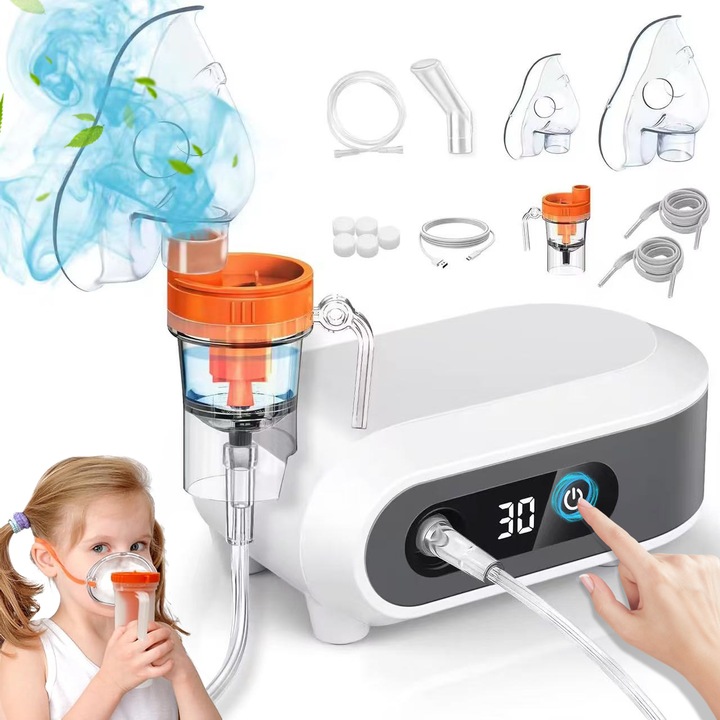 Aparat aerosoli SHIJOOE®, cu compresor，validat clinic，3 Moduri Ajustabile，Display digital ecran LCD，Particule fine pentru absorbtie usoara, Tehnologie Mesh，Silentios，2 Masti Adulti si Copii cu Duza incluse，Kit complet de accesorii inclus，Alb/Gri