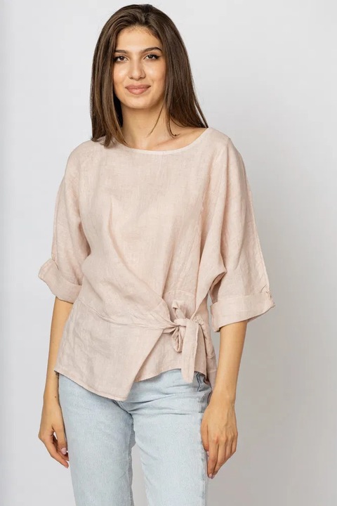 Bluza din in roz prafuit masura mare cu nod pe talie, Roz, One Size