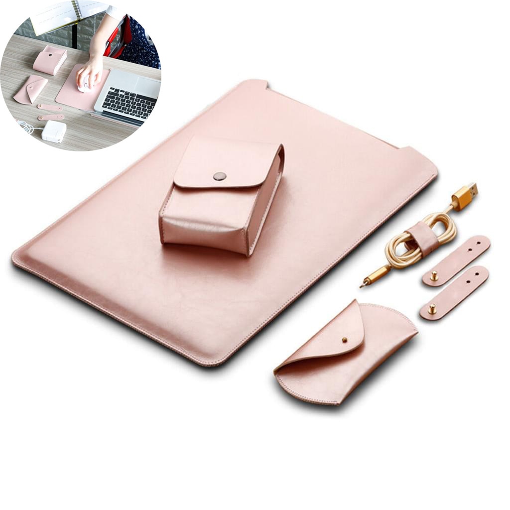 Husa laptop (sleeve) compatibila MacBook Air/Pro 13.3, din fetru si piele microfibra, cu protectie antisoc si inchidere velcro, set cu mouse pad, husa incarcator si 3 organizatoare de cabluri, roz auriu, 1 set