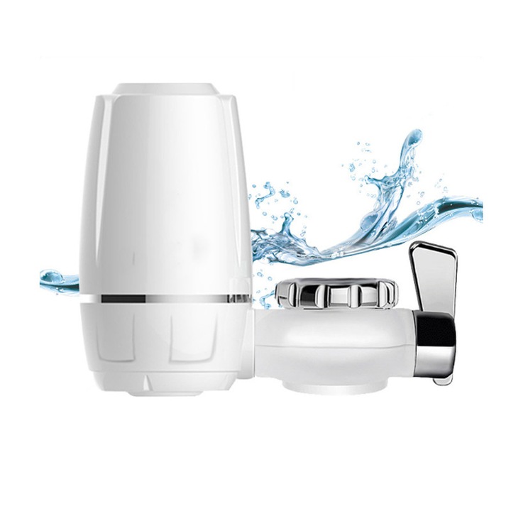 Filtru de apa pentru robinet, sistem de filtrare, cartus filtrant inclus, din ceramica diatoma alimentara, montaj usor cu 5 adaptoare, 3 moduri reglabile, alb, 1 set