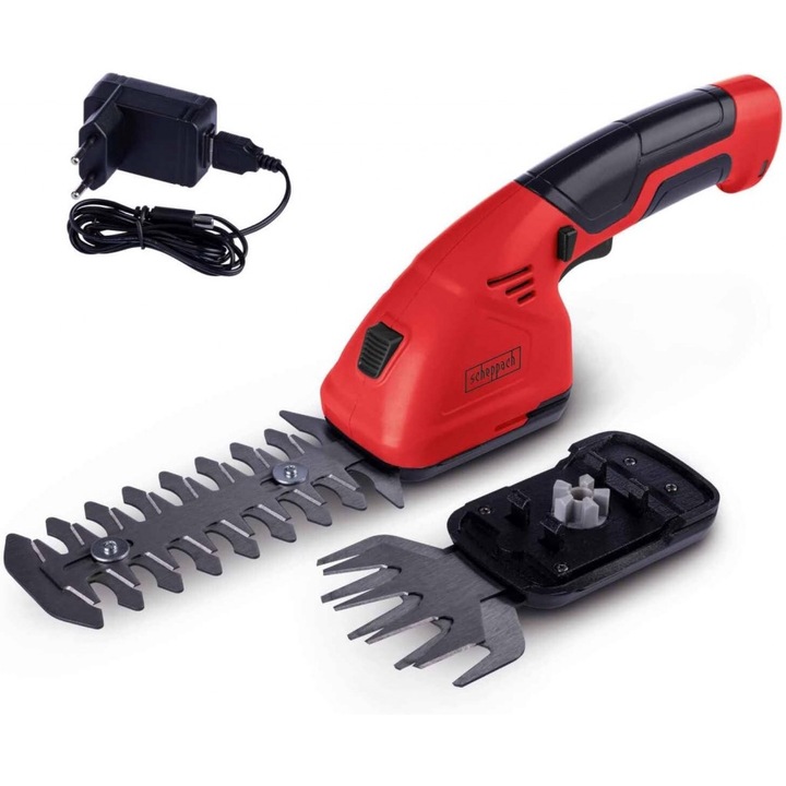 Акумулаторна ножица за трева и храсти Scheppach GHS7.2, 2 в 1, Режеща дебелина на храсти: 8 мм, Размери: 250 x 75 x 125 мм, Цвят: Червен/черен