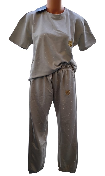 Compleu de dama, cu strasuri, bluza cu maneca scurta si pantalon, Verde deschis