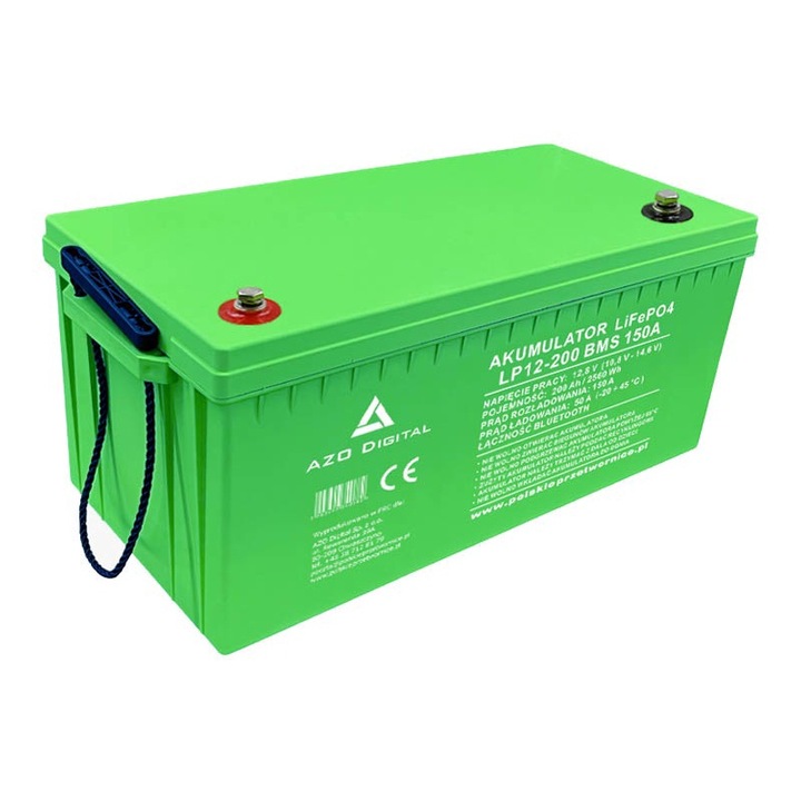 Литиева батерия, Azo Digital, Lp Pro, 12.8 V, 200 Ah, със система BMS и вграден Bluetooth, за приложения в транспорта и инсталации за възобновяеми енергийни източници
