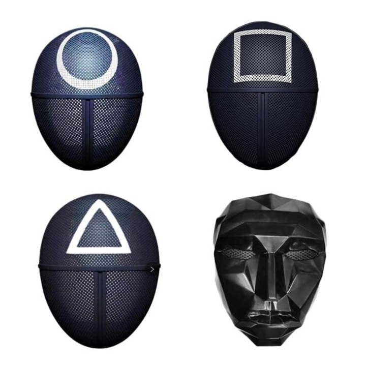 Четири маски за игра на калмари, черни, пластмасови, лидер, кръг, триъгълник, квадрат