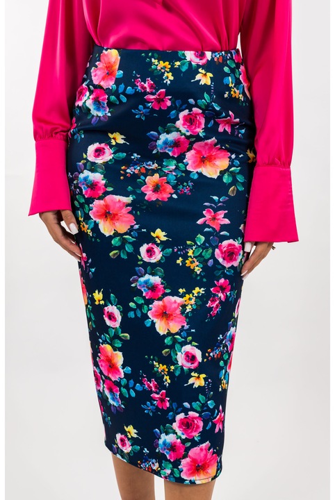 Fusta Creion Albastra cu Imprimeu Floral Roz, Multicolor