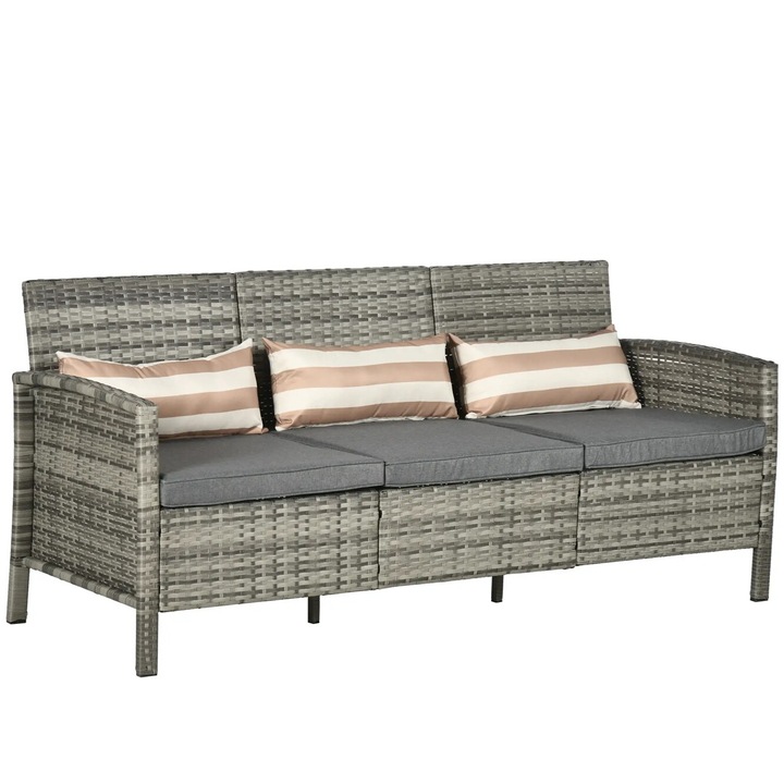 Canapea de gradina Outsunny 3 locuri din rattan (PE), gri, 173x68x78cm