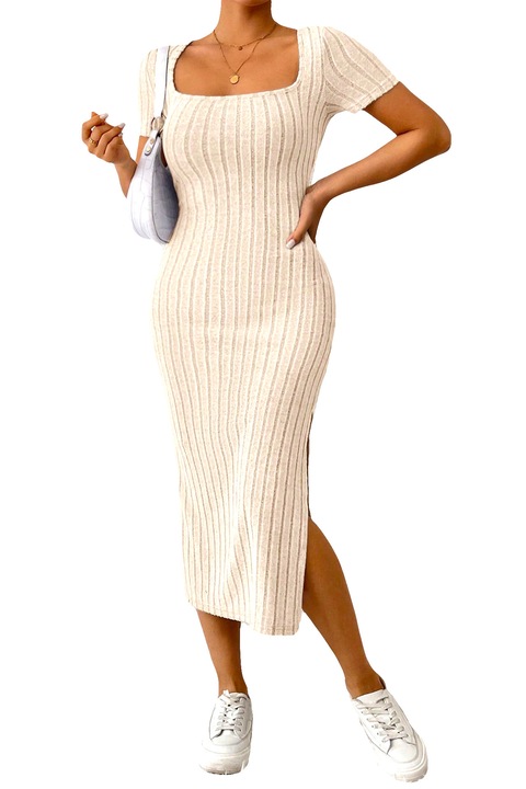 Rochie casual FeeL tricot ALIZA, cu slit lateral si maneca scurta, Crem