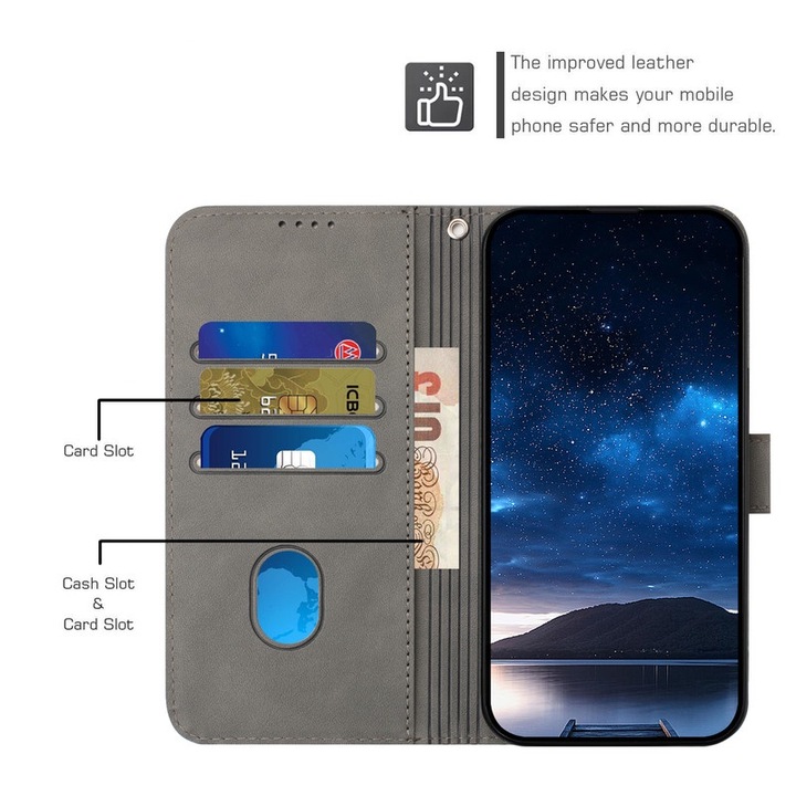 Husa protectie telefon, MIGREEN, Pentru iPhone 16 Pro Max husa flip phone, piele PU, portofel incorporat finisaj premium, Gri
