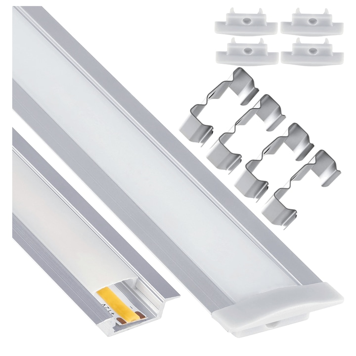 Set: Profil din aluminiu incastrat, argintiu anodizat, pentru benzi LED de 2m cu difuzor opal BERGE