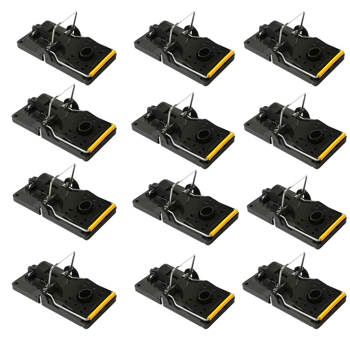 Set 12 mica capcana pentru soareci, ZGGZERG, Capcana pentru soareci sensibil, Cu primavara, Eficienta si portabila, Reutilizabil, Pentru utilizare atat in interior, cat si in exterior, Plastic si fier, 4.6*9.7cm, Negru