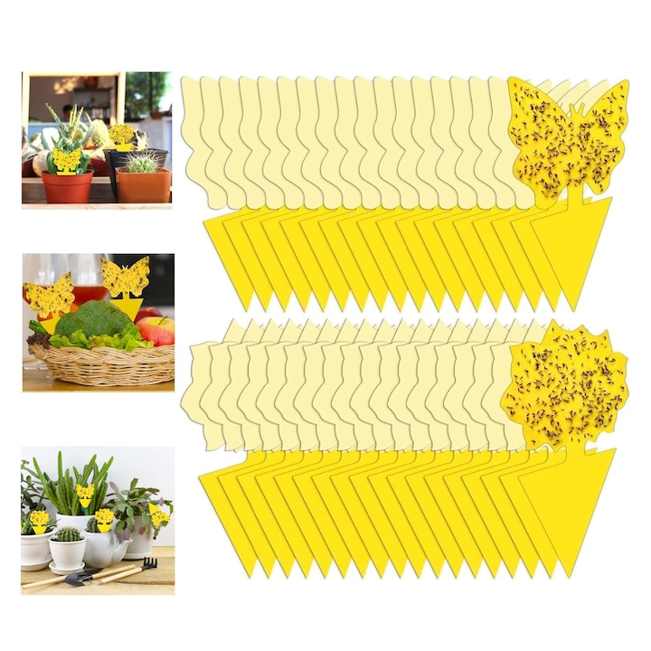 Capcane cu lipici anti-insecte, ZGGZERG, Set 48 capcane duble pentru insecte, Impotriva mustelor albe, tantari, musculite flori, 2 modele, Fluture, Flori, Fara miros, Non-toxic, Impermeabil, Rezistenta UV, Polipropilena, Viscoza, 124*78mm, Galben