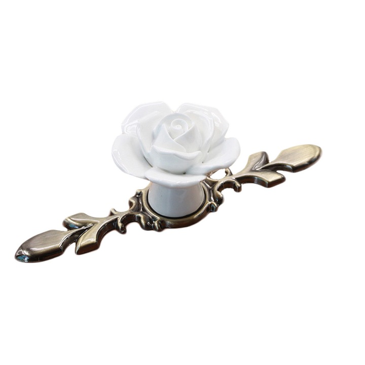 Maner de mobila trandafir, Enforose, S, Aliaj de zinc + Ceramica, Alb, 118x40x37mm